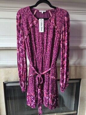 NWT Celina Moon Purple Pink Floral Ruffle Mini Dress Long Sleeve Size L